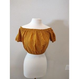 Forever 21 Contemporary Mustard Crop Top Eyelet Off Shoulder Shirt Yellow Blouse